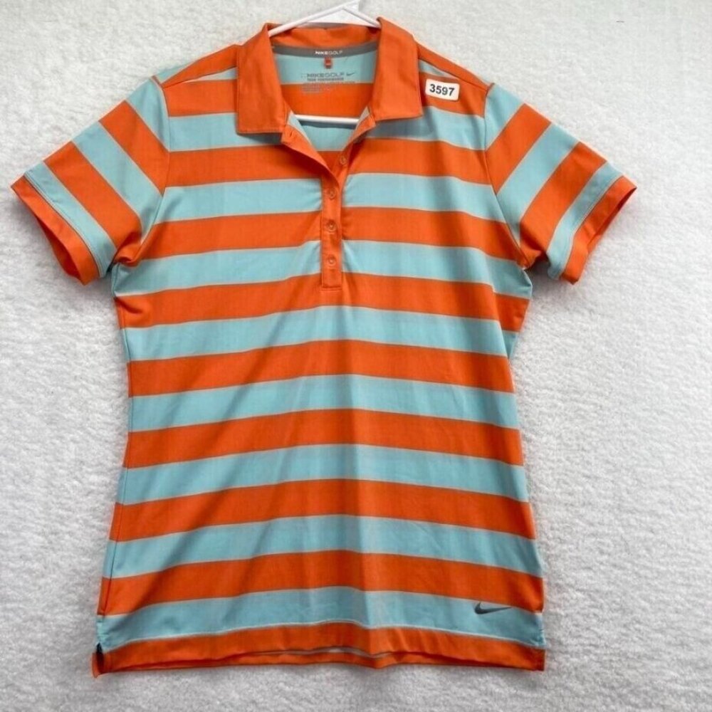 Nike Golf Womens Dri Fit Polo Shirt Size Medium Orange Stripe Short‎ Sleeve